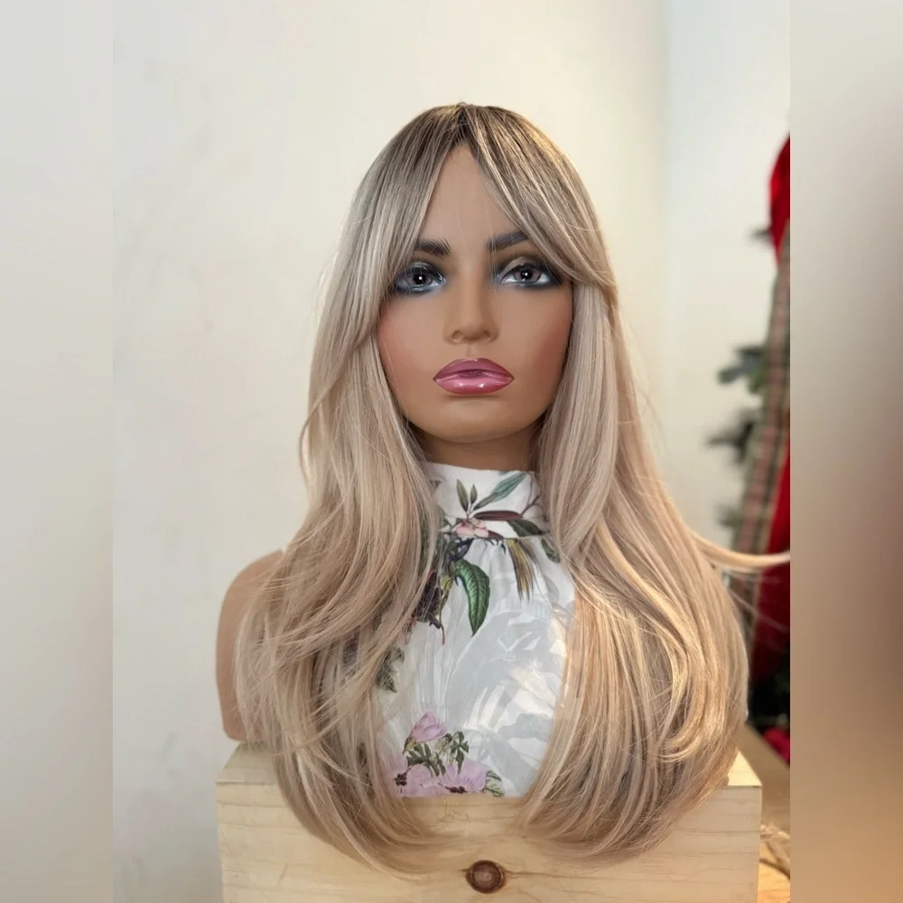 Classic Cap Wig Long Straight Blonde Balayage with Curtain Bangs, Natural Layers
